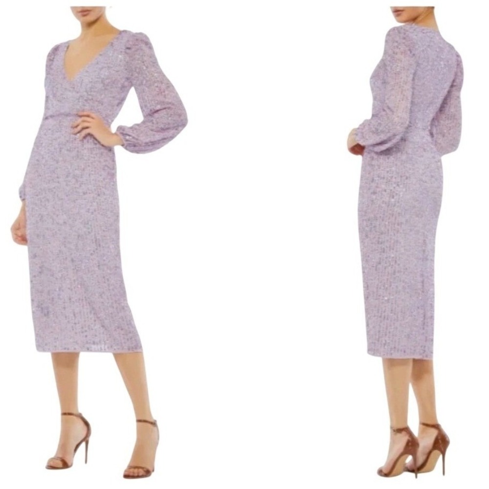 Mac Duggal 10764 Sequin Midi Dress Women‎ Size 6 Lilac Bishop Sleeve Formal Prom